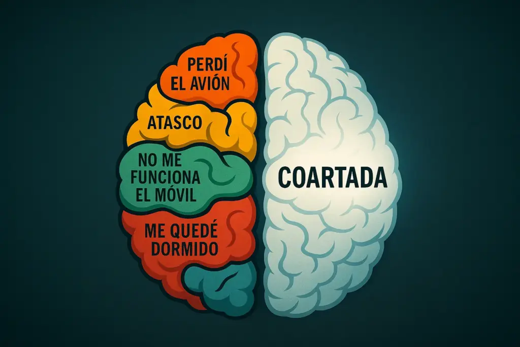 Cerebro dividido en dos mitades: la izquierda llena de excusas coloridas como “atasco” y “me quedé dormido”, la derecha clara y luminosa con la palabra “Coartada”, simbolizando la diferencia entre improvisación, planificación y mentiras creíbles.