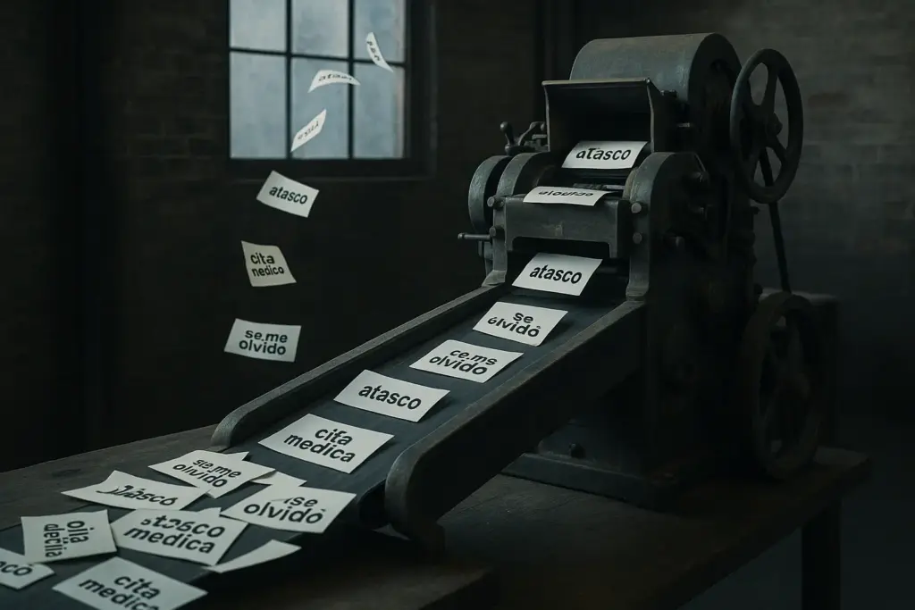 Antigua máquina de imprenta industrial que produce papeles con excusas como “atasco”, “cita médica” y “se me olvidó” en una cinta transportadora, simbolizando que las excusas son una producción en masa.