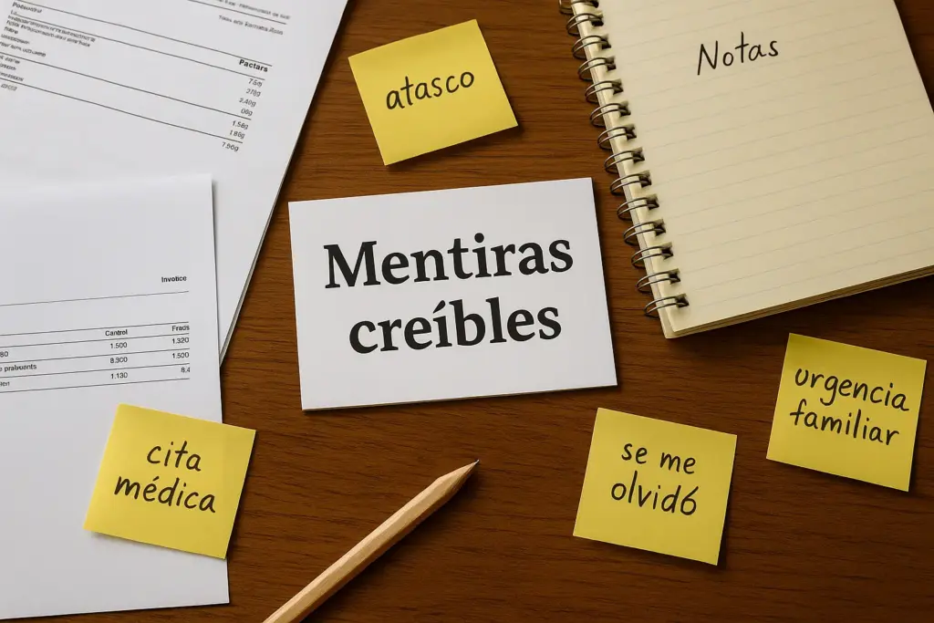 Escritorio con notas adhesivas que muestran excusas como “atasco”, “cita médica” y “urgencia familiar”, acompañado de una tarjeta central con el texto mentiras creíbles.